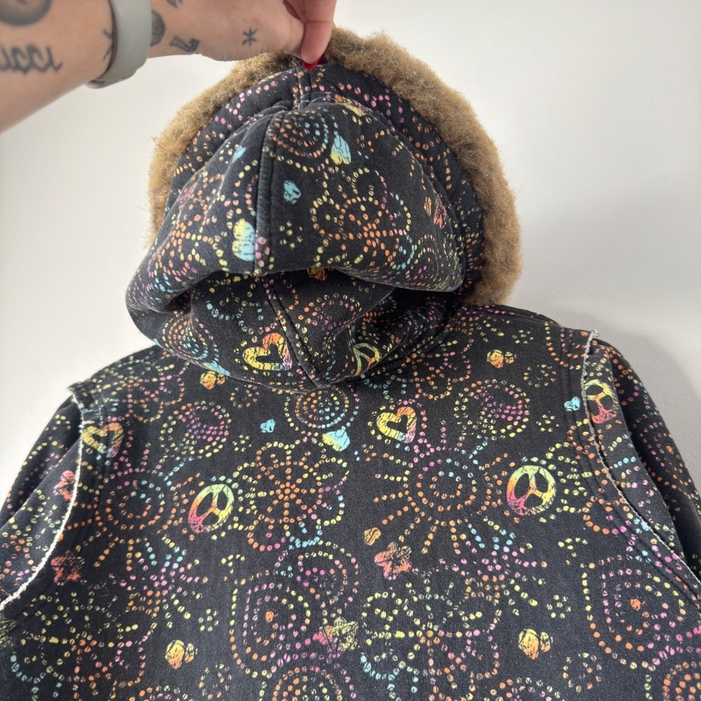 Self Esteem Y2K Black Sherpa Hoodie Womens L Rainbow Peace Heart Faux Fur Zip Up - Picture 14 of 16